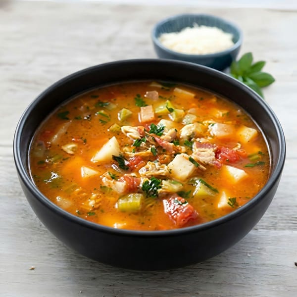 Hearty seafood chowder with potatoes, tomatoes, and herbs in a black bowl, with grated cheese.