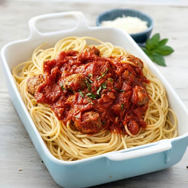 Spaghetti with meatballs and tomato sauce in a light blue baking dish, with parmesan and basil.