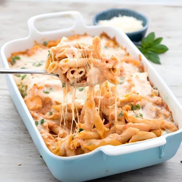 A fork lifts cheesy penne pasta from a light blue baking dish, with cheese stretching.