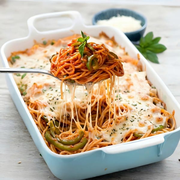 A spoonful of cheesy baked spaghetti with green peppers and basil, stretching cheese from a blue baking dish.