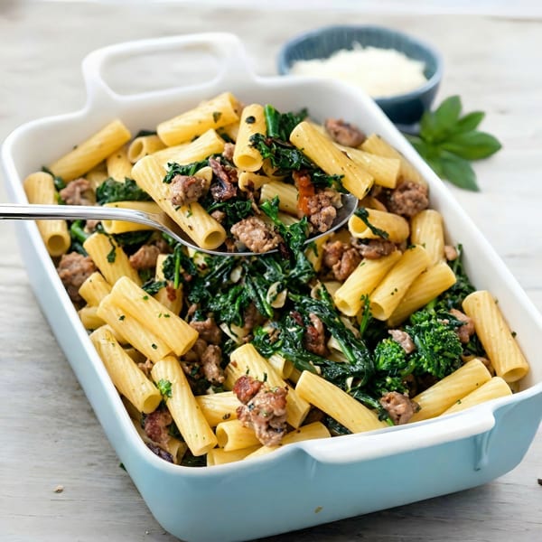Rigatoni pasta with sausage and broccoli rabe in a light blue baking dish, with a spoon lifting a serving.