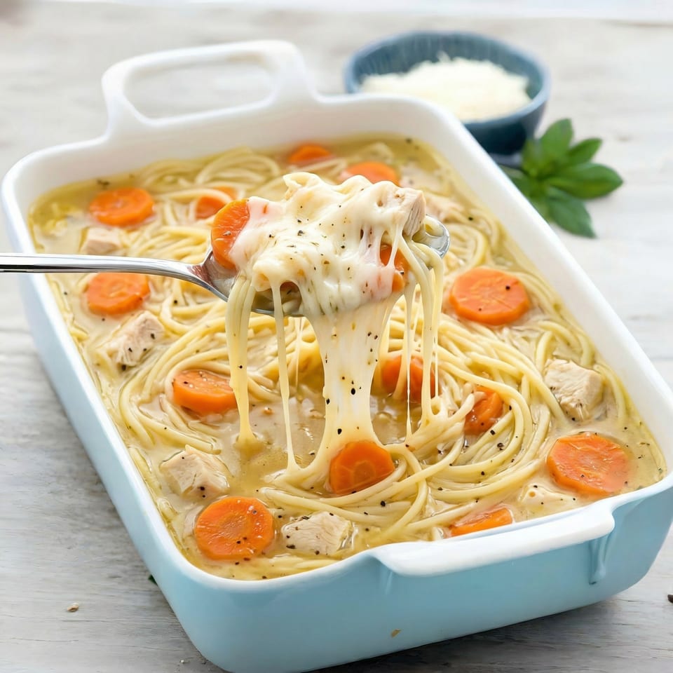 A spoonful of cheesy chicken noodle casserole with carrots, pulled from a blue baking dish.