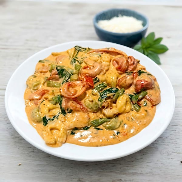 Creamy tortellini pasta with spinach and tomatoes, served with parmesan and basil.