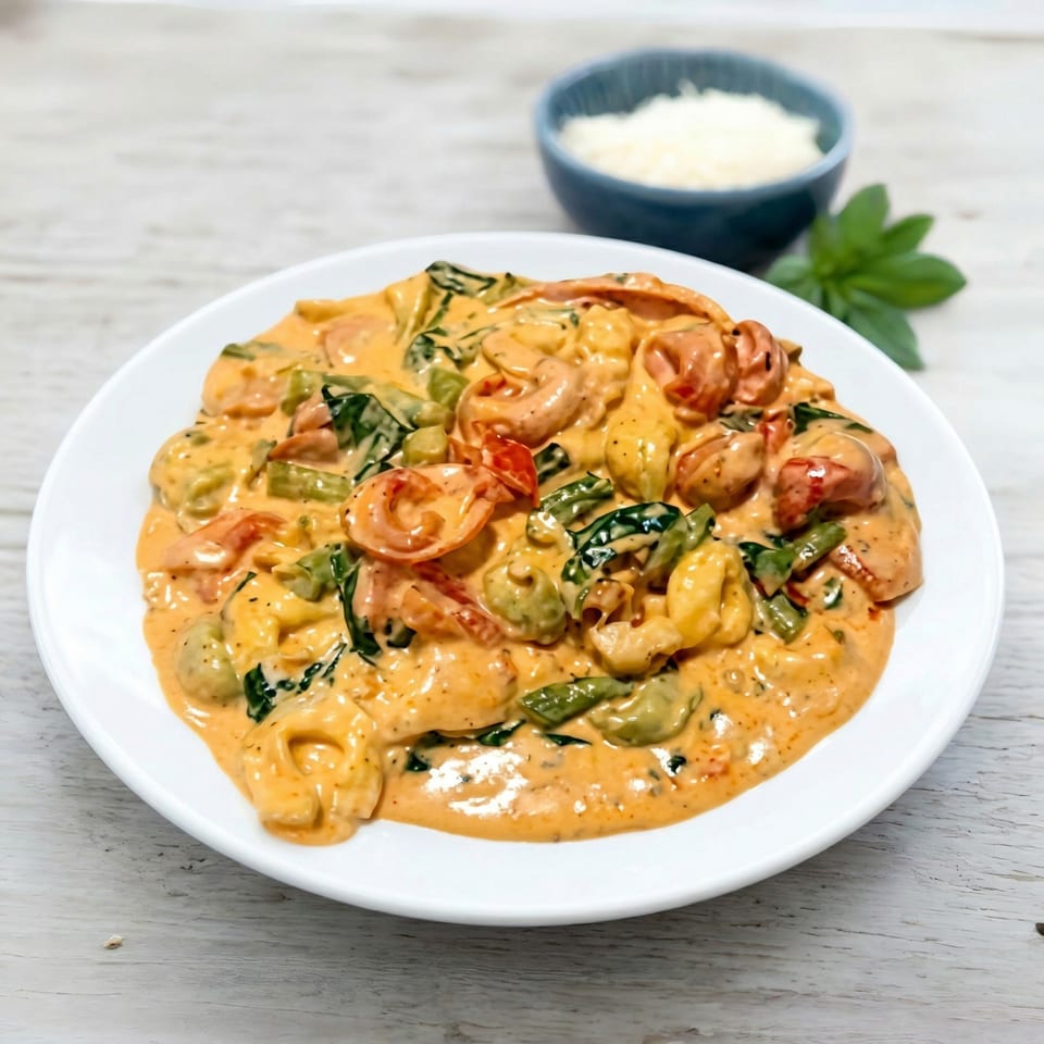 Creamy tortellini pasta with spinach and tomatoes, served with parmesan and basil.