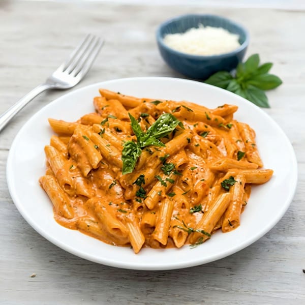 Penne pasta in a creamy tomato sauce, garnished with fresh basil and parsley, with parmesan.