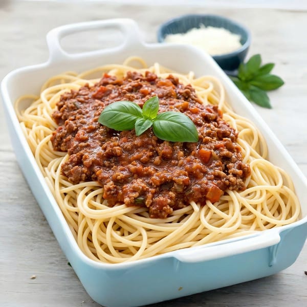 Spaghetti Bolognese in a light blue baking dish, garnished with fresh basil leaves.
